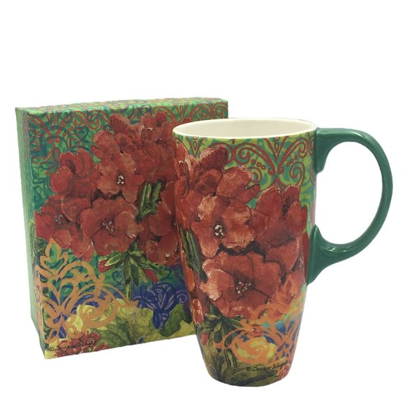 BOHO GARDEN Ceramic LATTE MUG & GIFT BOX 18 oz LANG Gorgeous Red Flowers Winget - Picture 1 of 16